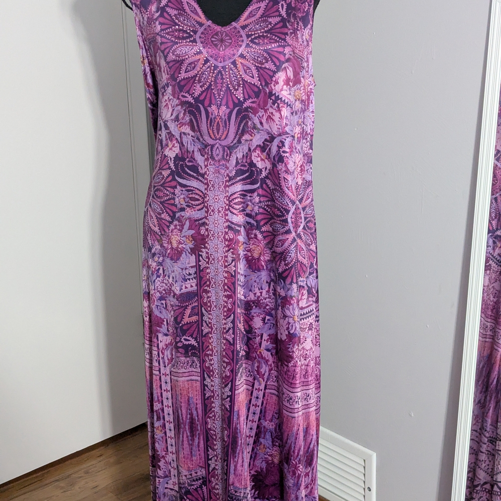 ONE WORLD Vibrant Purple Patterned Maxi Dress Large,